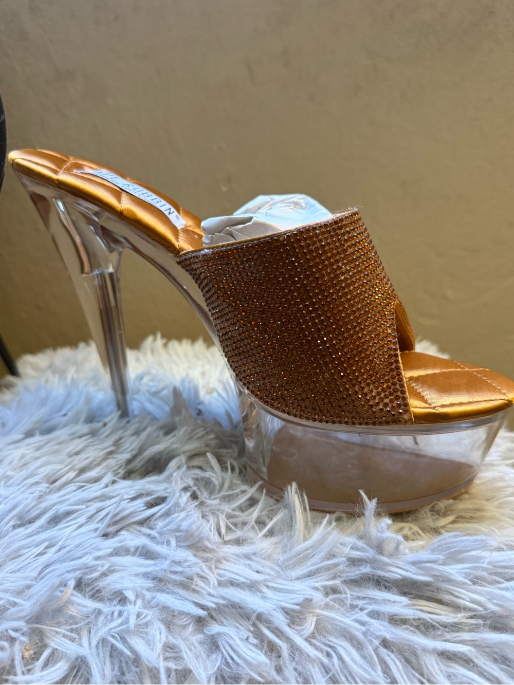 Gold Crystal Mesh Platform Mule - Women's High Heel Slide